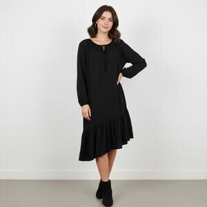 Jill Stuart Black Silk Asymmetrical Drop Waist Long Sleeve Peasant Dress Sz 0